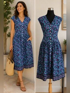 Cotton Pickers Floral Rayon Midi Dress Boho Button Front Pockets Dropped Waist